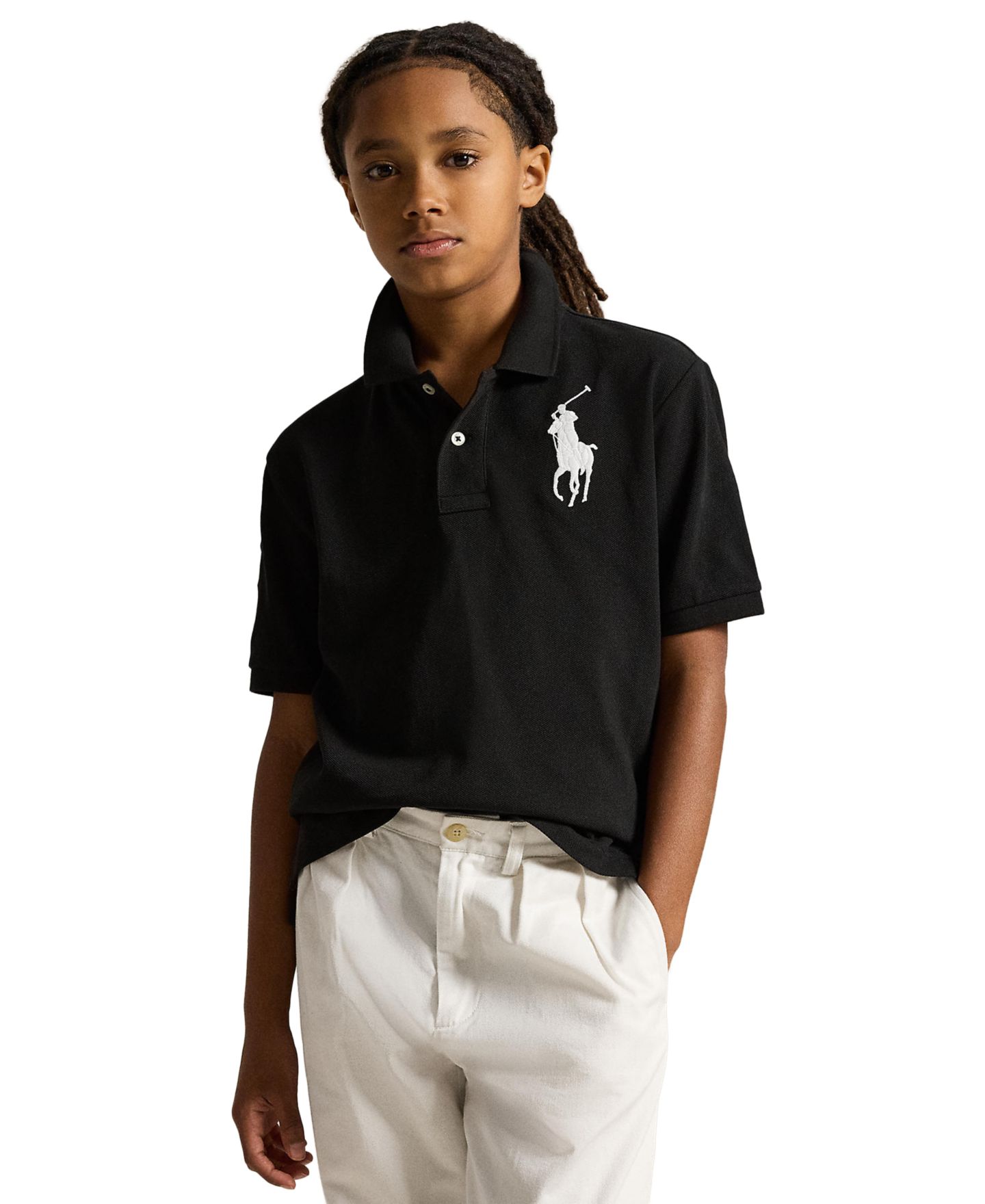 Поло Polo Ralph Lauren Big Pony Cotton Mesh Short-Sleeve Polo Shirt для мальчиков, цвет: Чёрный / Белый — фото 1