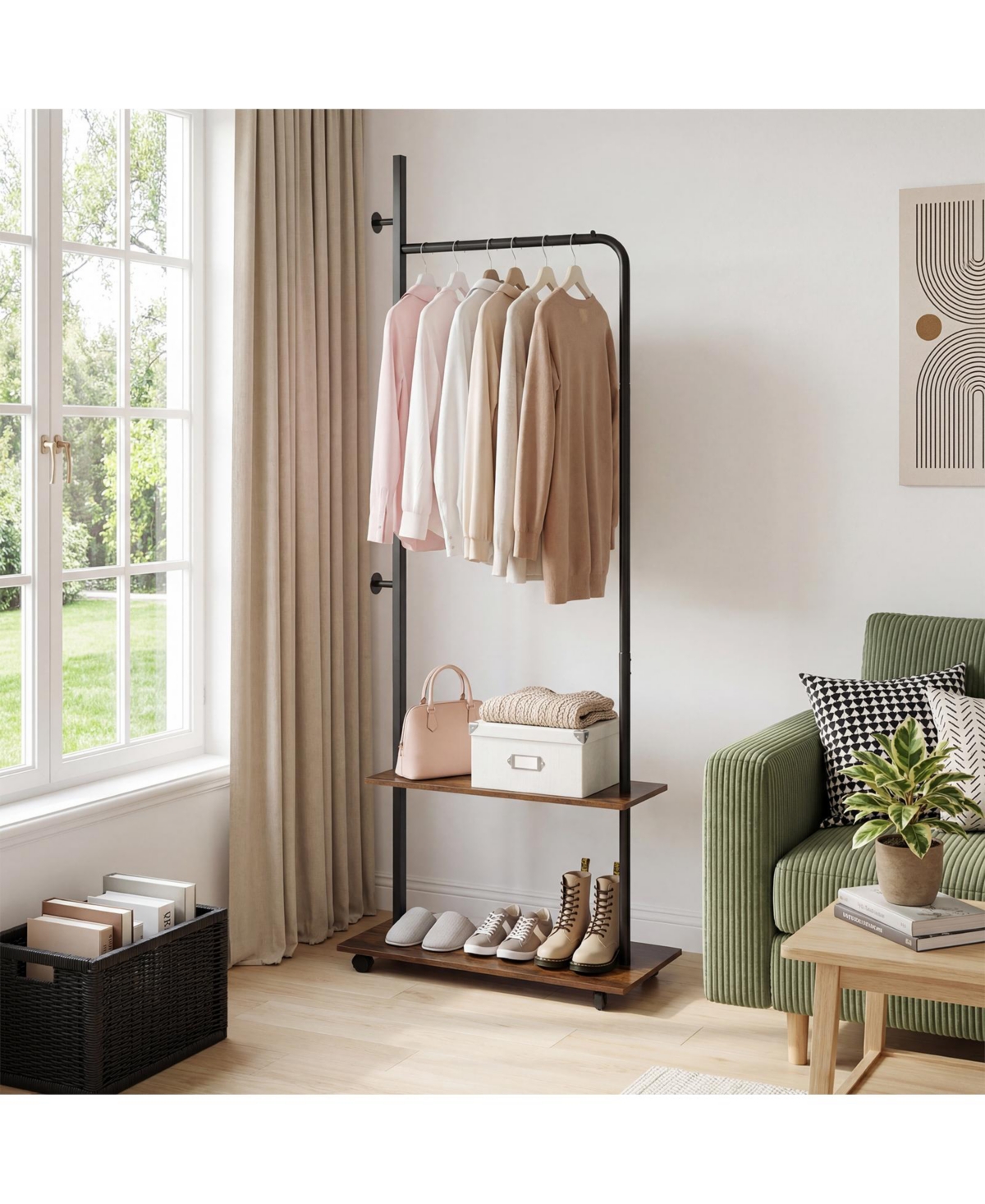 Costway Clothing Rack with Wheels, Wooden Garment Rack with Hanging Rod