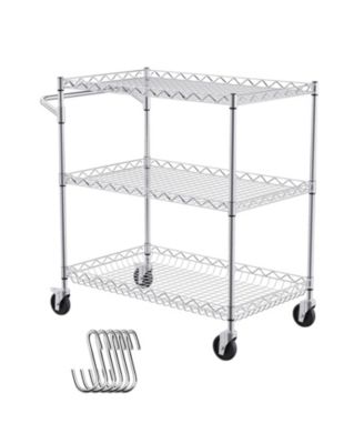 3-Tier Steel Utility Cart on Wheels with 661LBS Capacity 80mm Deep Basket Curved Handle 6 Hooks