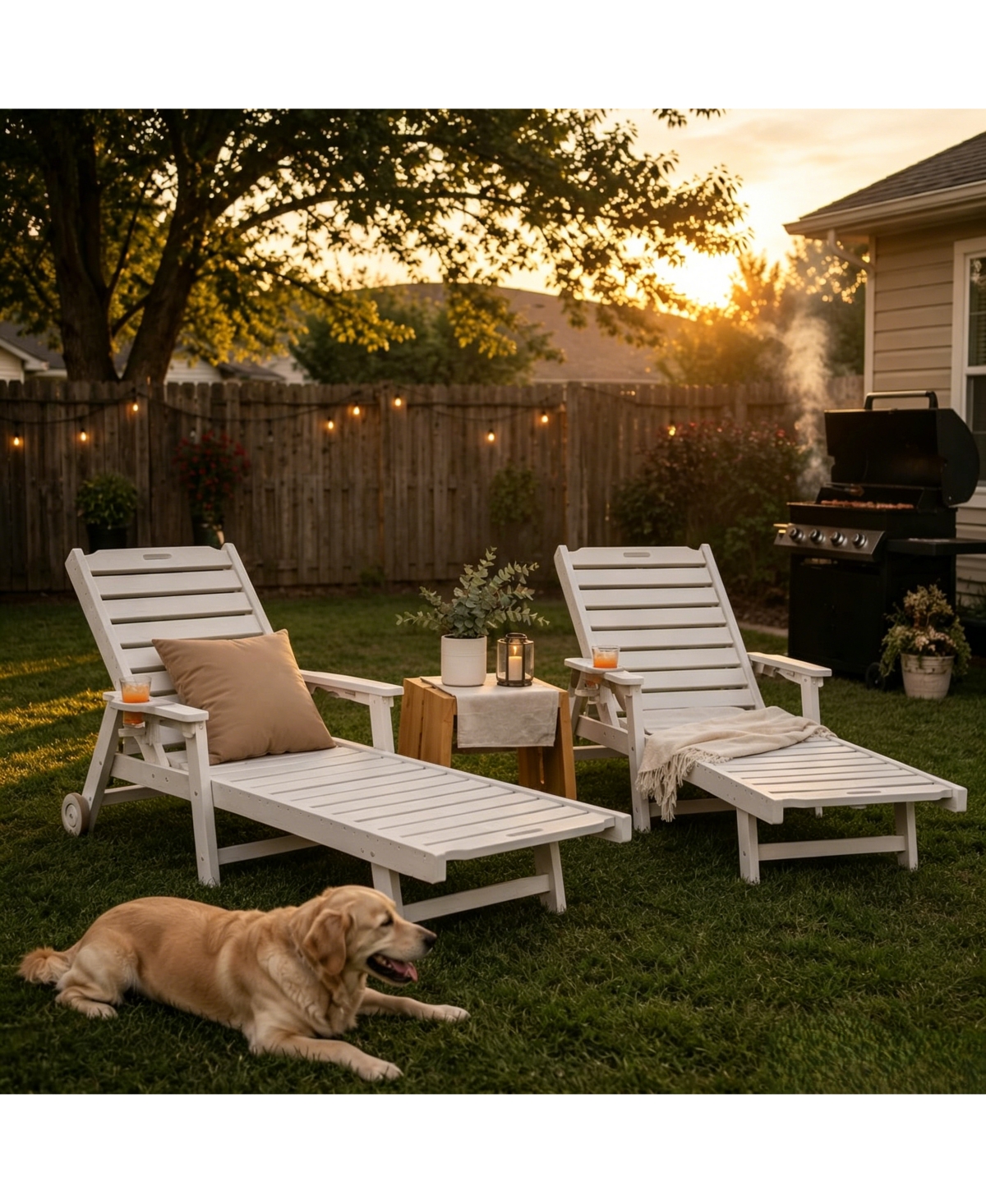 homfan Set of 2 Hdpe Chaise Lounge Chairs with 5-Position Backrest, Cup Holder and Wheels