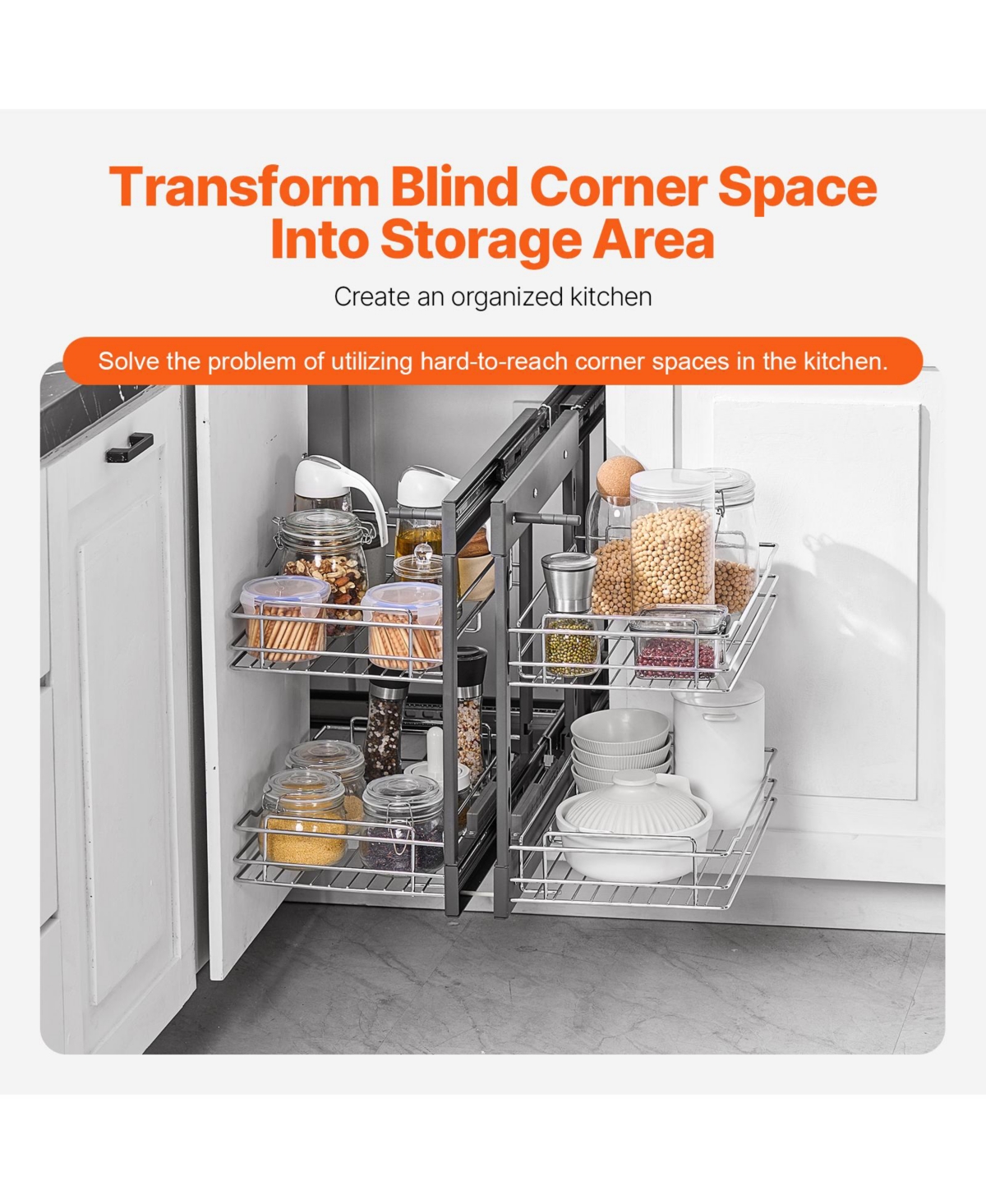 Sugift 2-Tier 4-Shelf Blind Corner Pull Out Cabinet Organizer for Min 15in W Opening Left Right Open