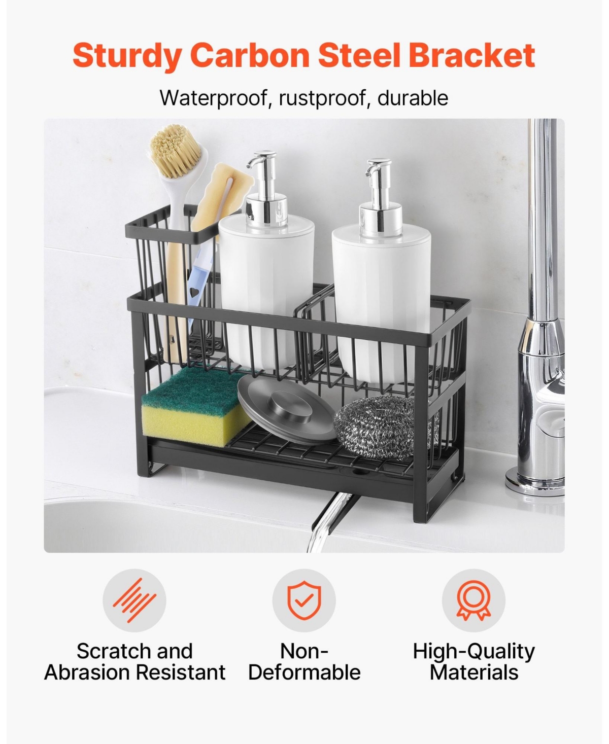 Sugift 2-Tier Kitchen Sink Caddy Organizer with Brush Holder Divider and Rotatable Drainage Spout