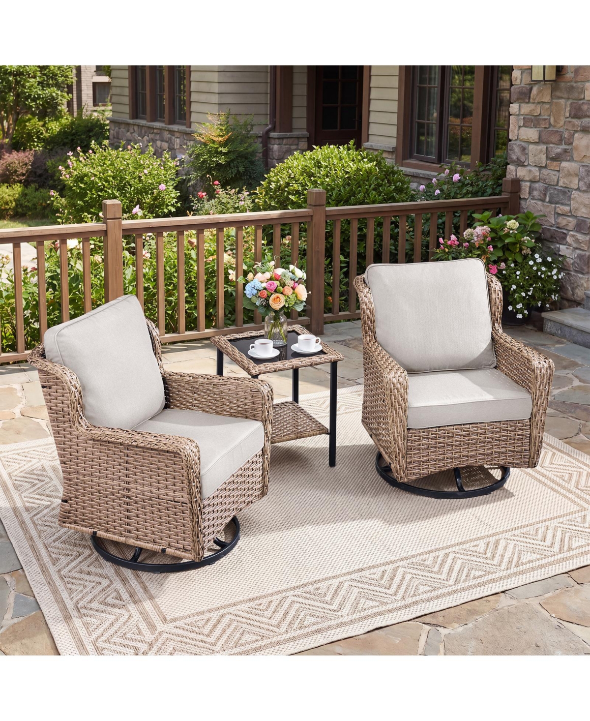 Pocassy 3 Pieces Patio Furniture Set, Outdoor Swivel Glider Rocker Set with Washable Cushion and Tempered Glass Table