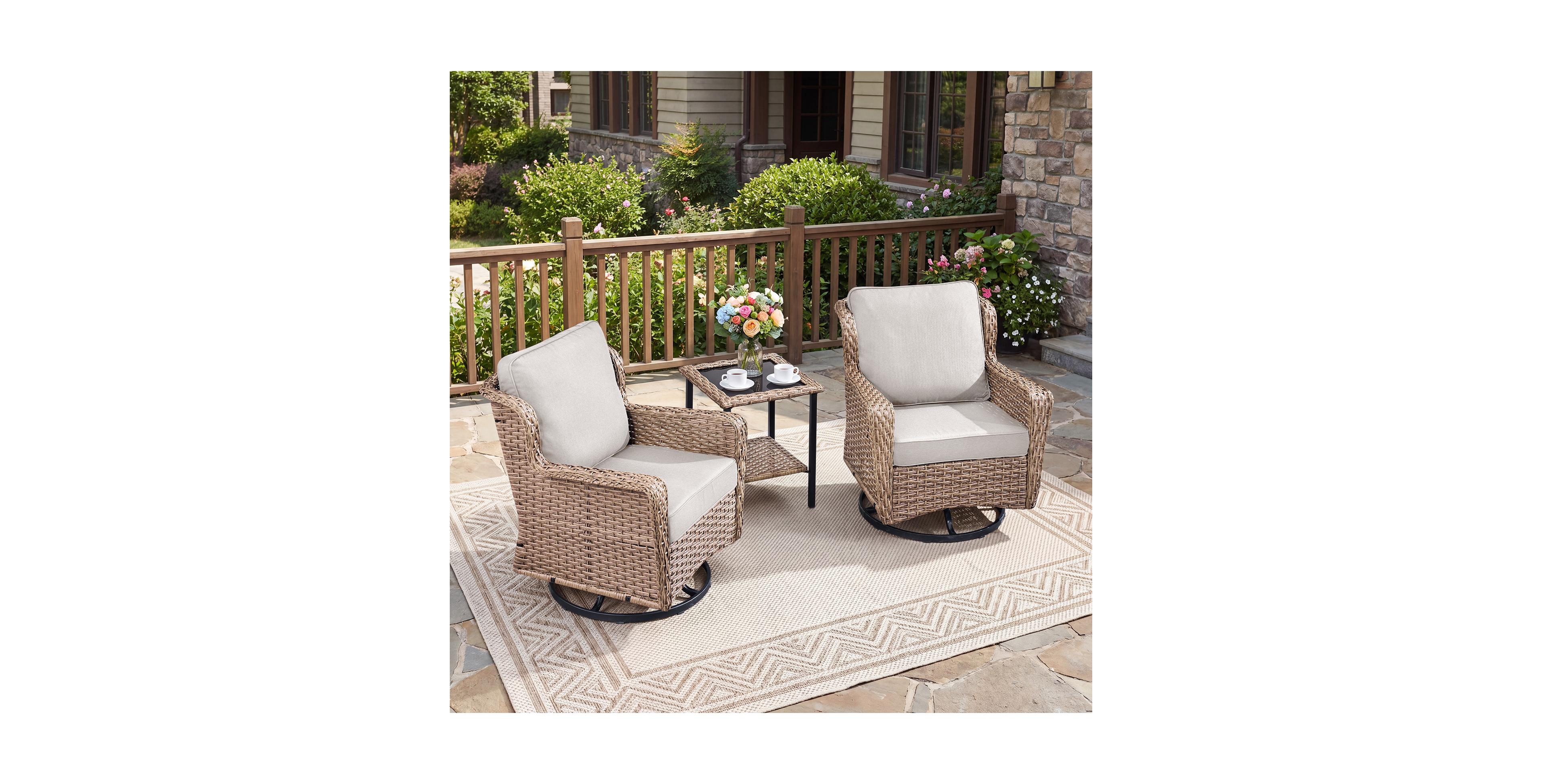 Pocassy 3 Pieces Patio Furniture Set, Outdoor Swivel Glider Rocker Set with Washable Cushion and Tempered Glass Table