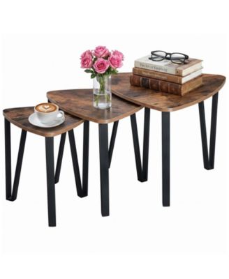 Set of 3 Triangle Nesting Coffee Tables – Industrial Stacking Side Tables with Metal Frame for Living Room and Bedroom