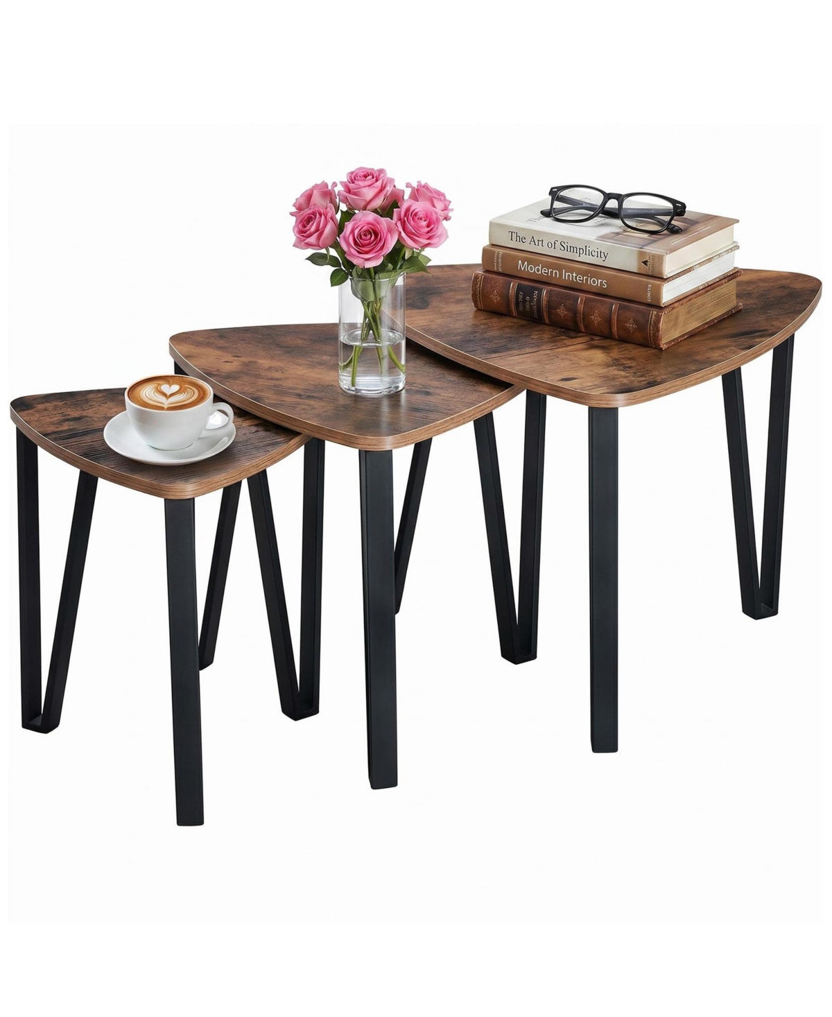 homfan Set of 3 Triangle Nesting Coffee Tables – Industrial Stacking Side Tables with Metal Frame for Living Room and Bedroom