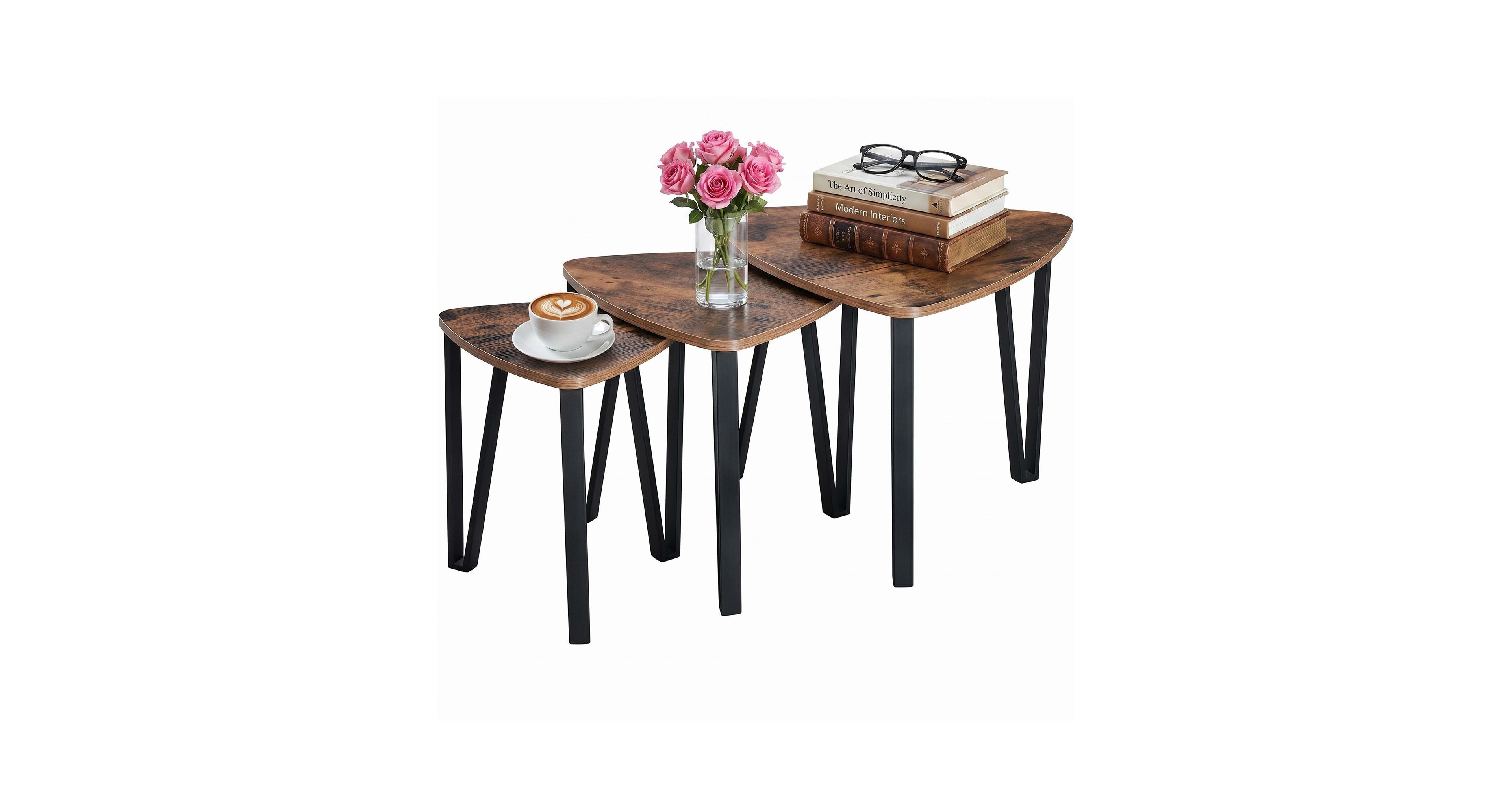 homfan Set of 3 Triangle Nesting Coffee Tables – Industrial Stacking Side Tables with Metal Frame for Living Room and Bedroom