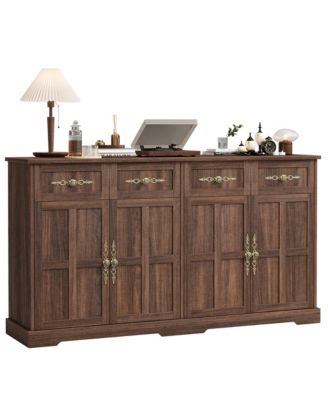 Storage Cabinet with 4 Doors and 4 Drawers, Farmhouse Buffet Sideboard with Gold Handles, Modern Entryway Console Table for Living Room