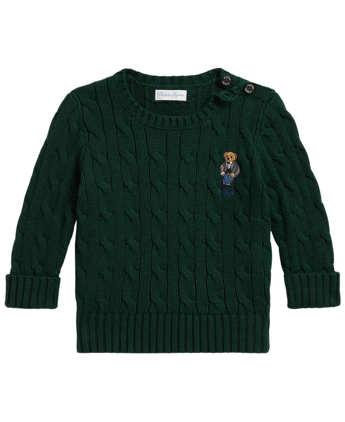 Polo Ralph Lauren Детский хлопковый свитер Ralph Lauren Polo Bear косой вязки для мальчиков, малыши, цвет: Мох — фото 1