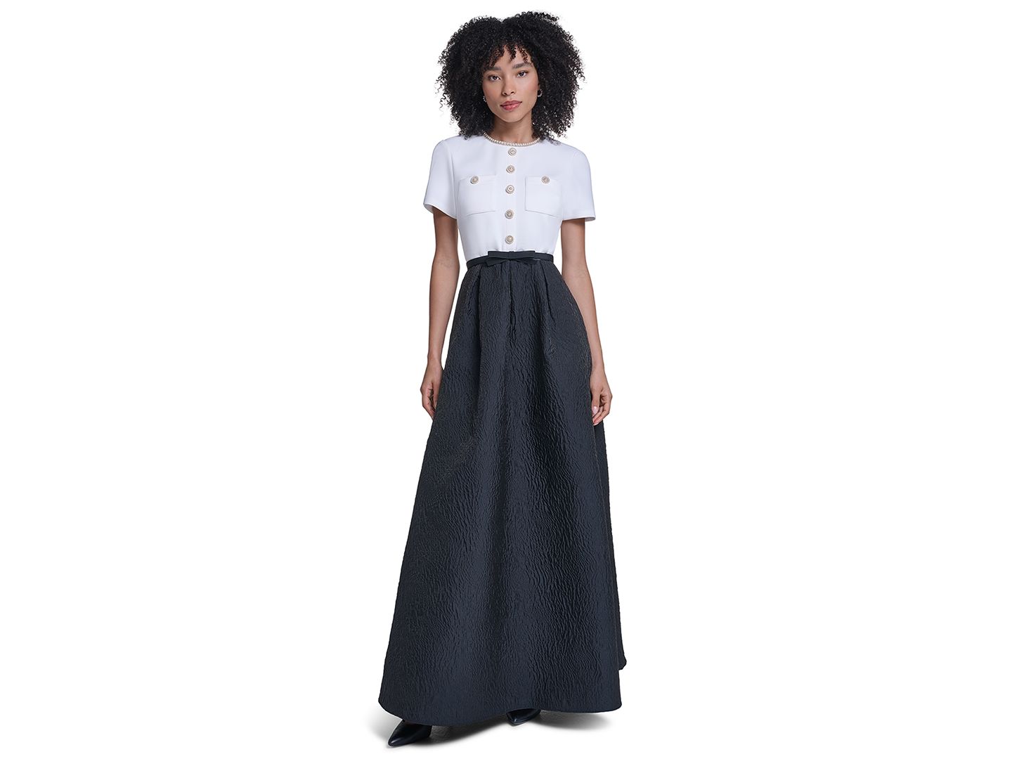 Женские платья KARL LAGERFELD PARIS Textured Maxi A-Line Gown, цвет: Мягкий белый чёрный — фото 1
