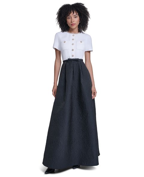 Женские платья KARL LAGERFELD PARIS Textured Maxi A-Line Gown, цвет: Мягкий белый чёрный