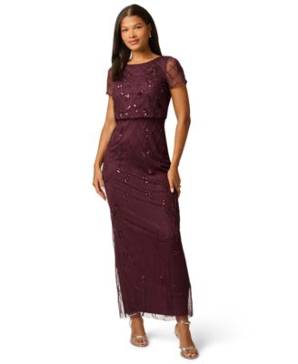 Women's Bead Blouson Boat Neck Short-Sleeve Long Dress