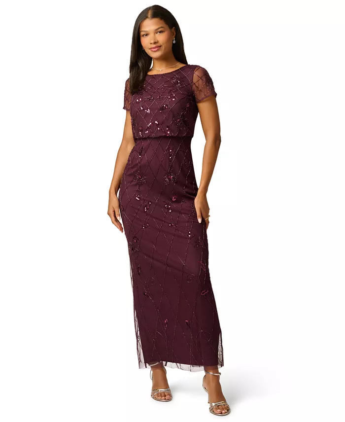 Women's Bead Blouson Boat Neck Short-Sleeve Long Dress