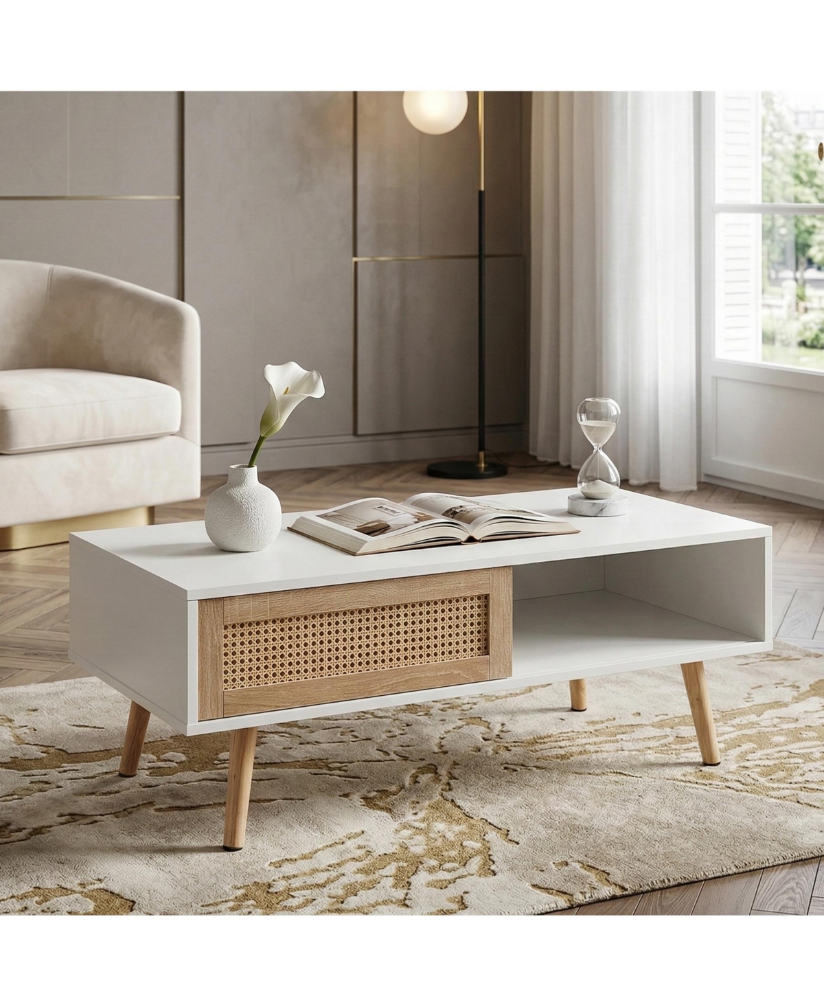 Flynama Rattan Coffee Table Sliding Door Storage Wood Leg Modern Living Room Table