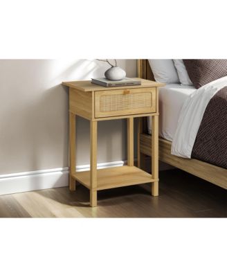 Natural Rattan Accent Table 2 Tier Storage Nightstand with Drawer
