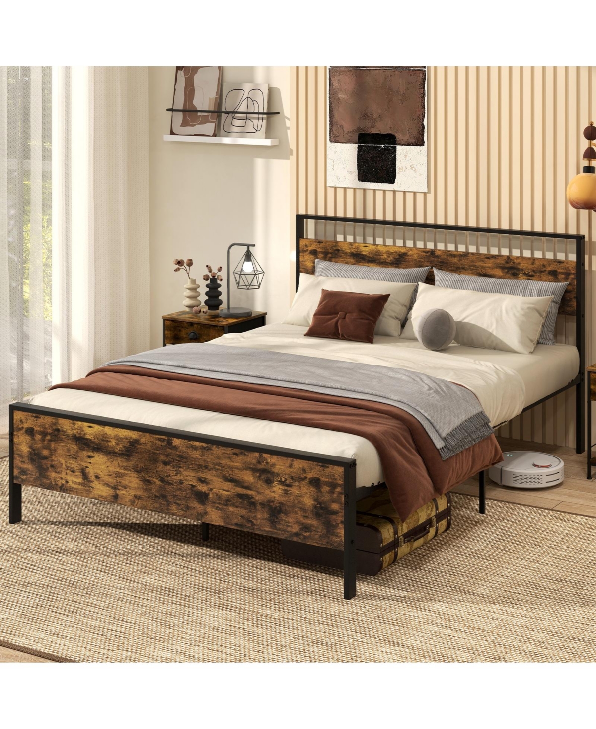 Slickblue Metal Platform Bed Frame with Wooden Headboard