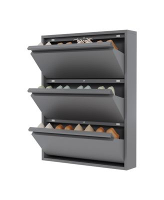 Wall-mounted metal shoe cabinet with 3 flip drawers, anti-tip carbon steel frame, ideal for narrow entryways, freestanding installation available