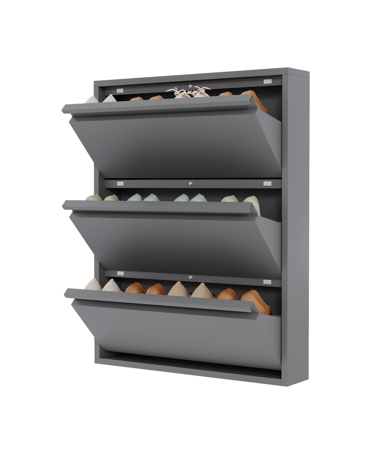 gaomon Wall-mounted metal shoe cabinet with 3 flip drawers, anti-tip carbon steel frame, ideal for narrow entryways, freestanding installation availab
