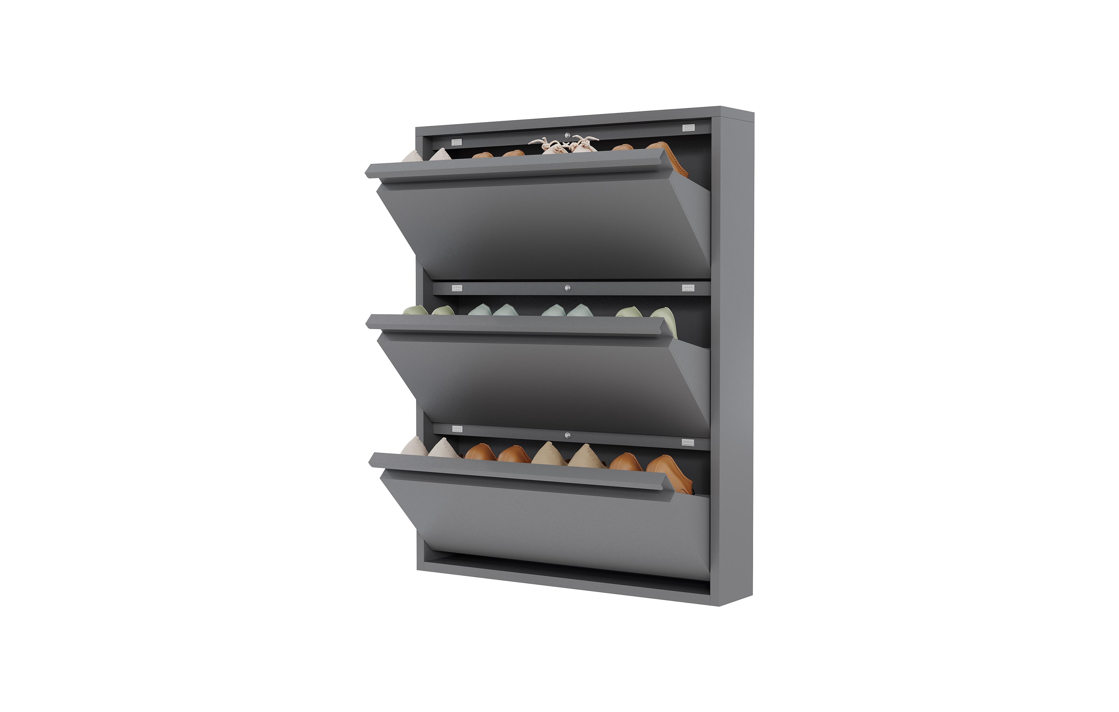 gaomon Wall-mounted metal shoe cabinet with 3 flip drawers, anti-tip carbon steel frame, ideal for narrow entryways, freestanding installation availab