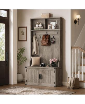 Extra Large 40" Entryway Hall Tree with Bench and Shoe Storage - Shoe Cubbies, Adjustable Shelves, 5 Double Hooks, Coat Rack Organizer