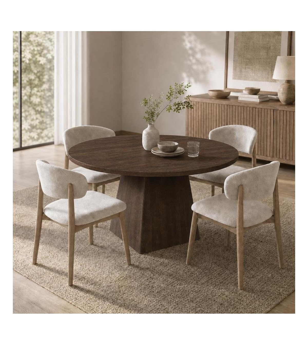 47-Inch Round Pedestal Dining Table, Seats 4-6, Brown Finish, 350 lb Capacity