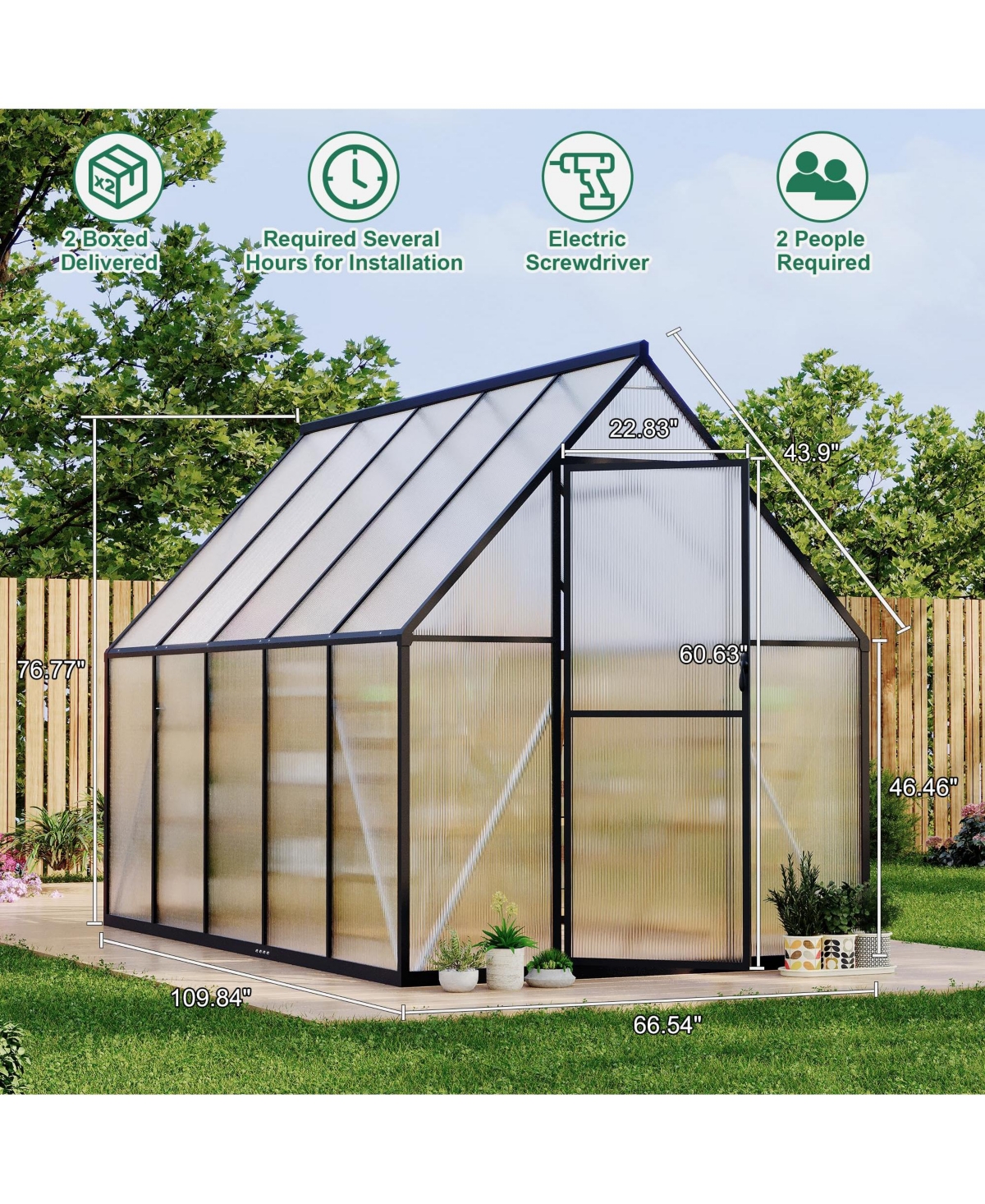 6x9ft Greenhouse with Aluminum Frame, Walk-in Sun Room Pc Board Panels for Backyard Patio Garden Year-Round Planting, Silver/Green/Black