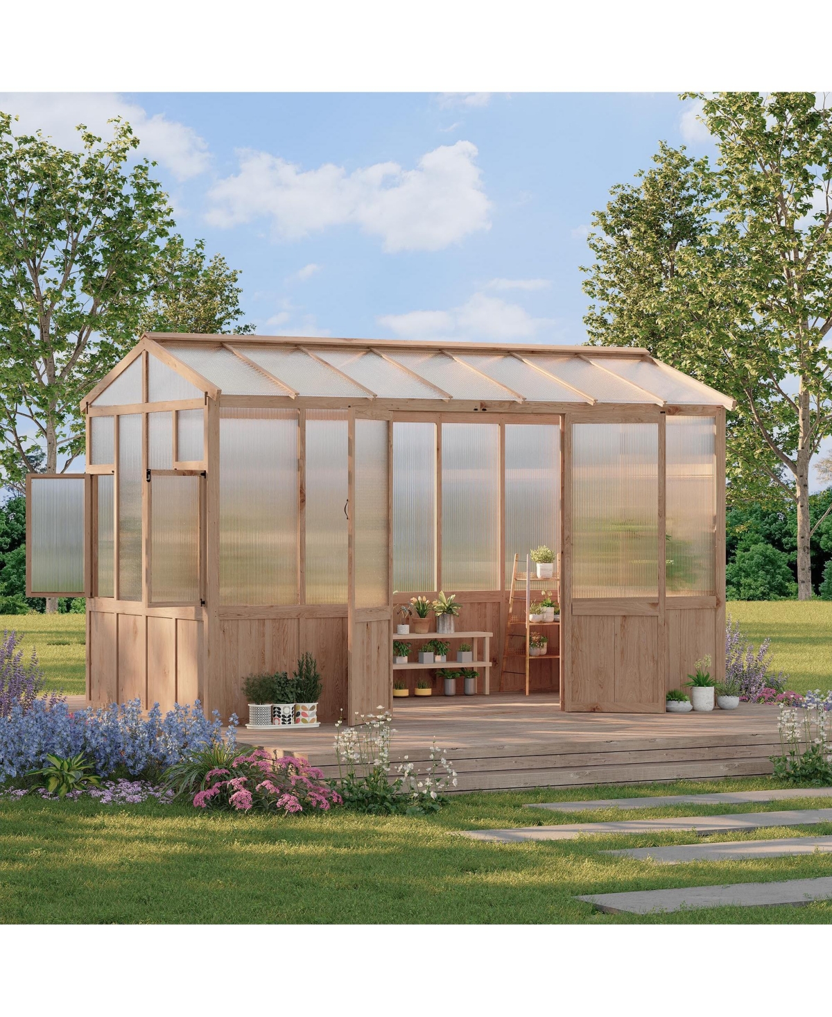 6.4 x 12 ft A-Frame Greenhouse with Cedar Wood Frame and Polycarbonate Panels, for Backyard Garden Patio, Natural Wood