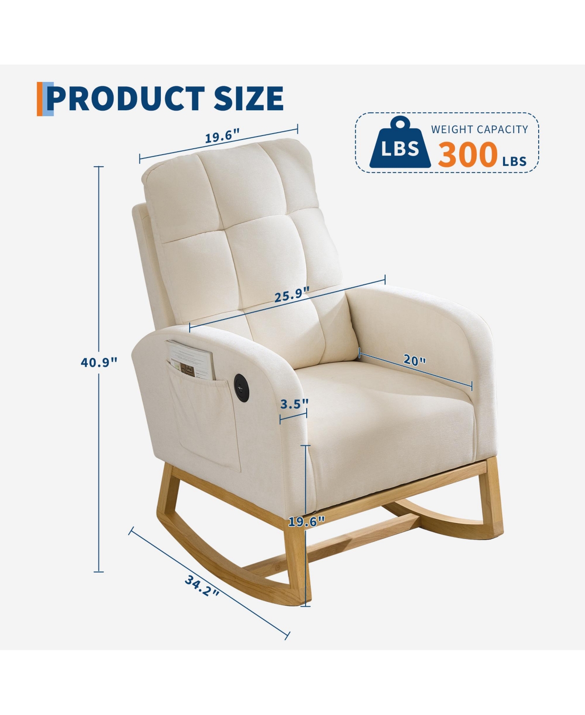 Rocking Chair, Upholstered Glider Armchair for Nursery | Modern Rocker with Usb Ports and Side Pocket for Living Room Nursing Room