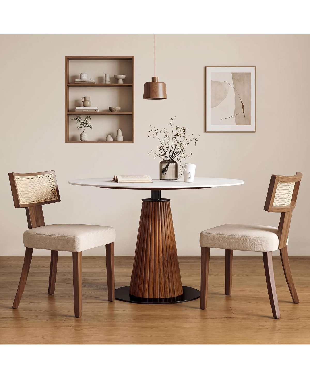 4 Set of Modern Rattan Dining Chairs, Linen Upholstered Ergonomic Chairs with Curved Backrest and Wooden Legs, Mid-Century Farmhouse Seating for Home