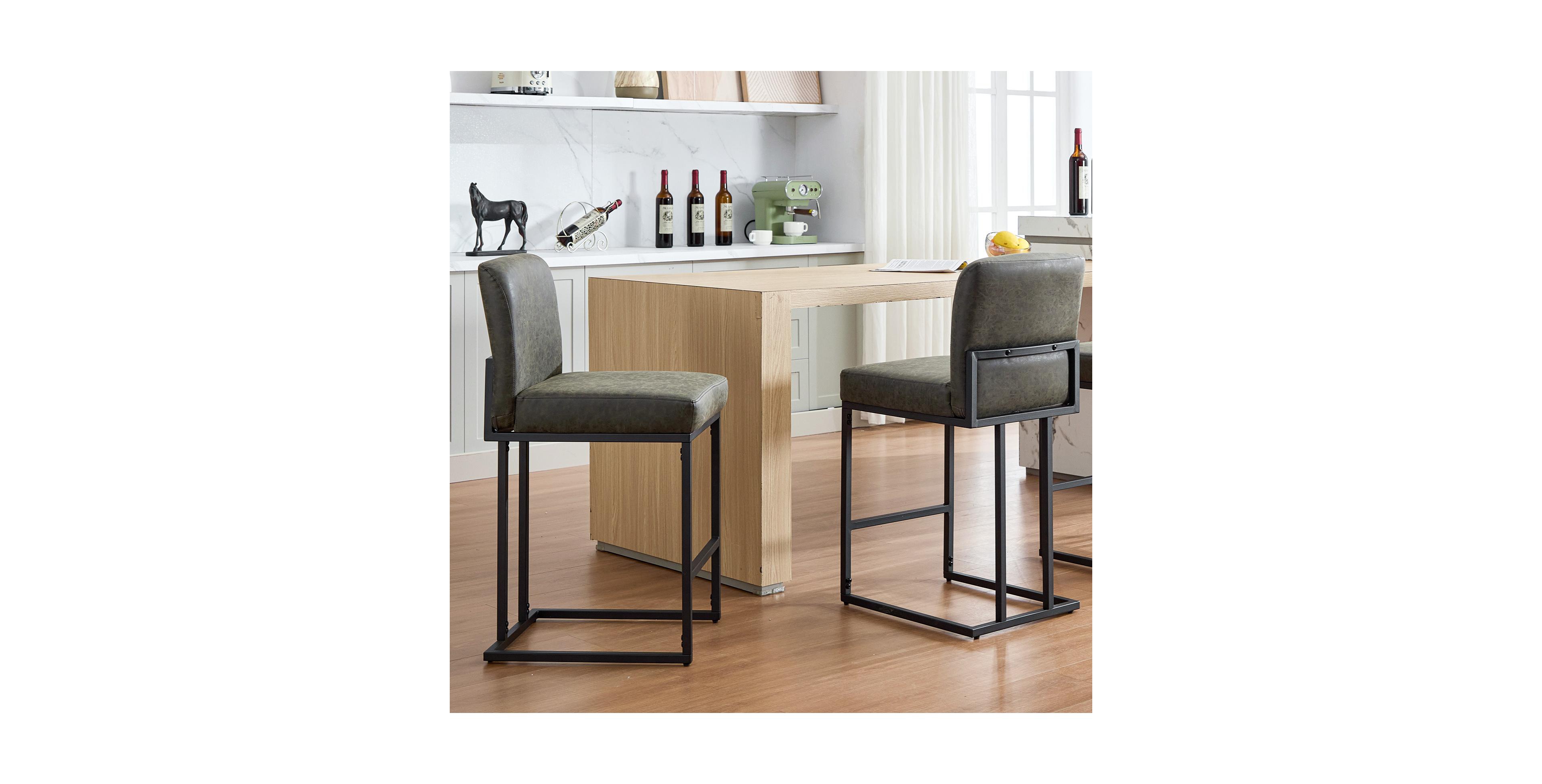 24" Counter Height Bar Stools with Backrest Set of 2, Faux Leather Upholstery Stools, Sturdy Metal Frame with Adjustable Foot Pegs