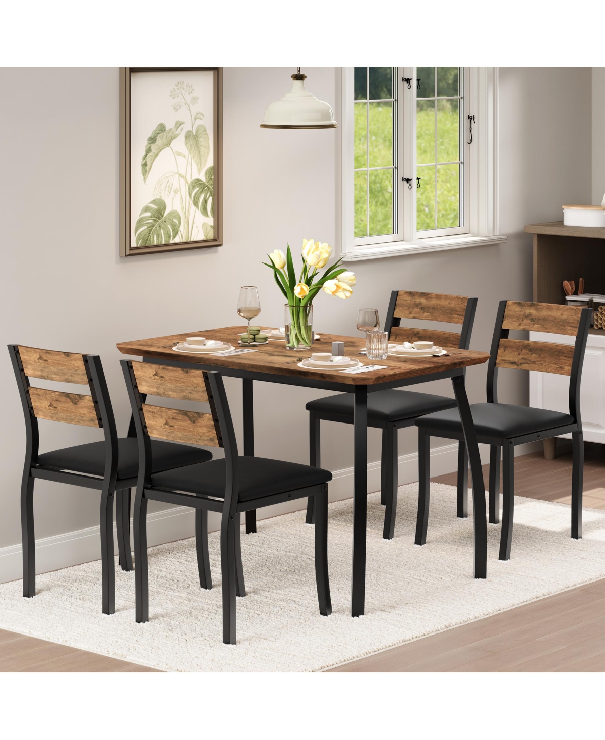 5-Piece Dining Table Set for 4, Space Saving Kitchen Furniture Set with Safe Chamfer Edge Table, Upholstered Chairs for Small Apartment
