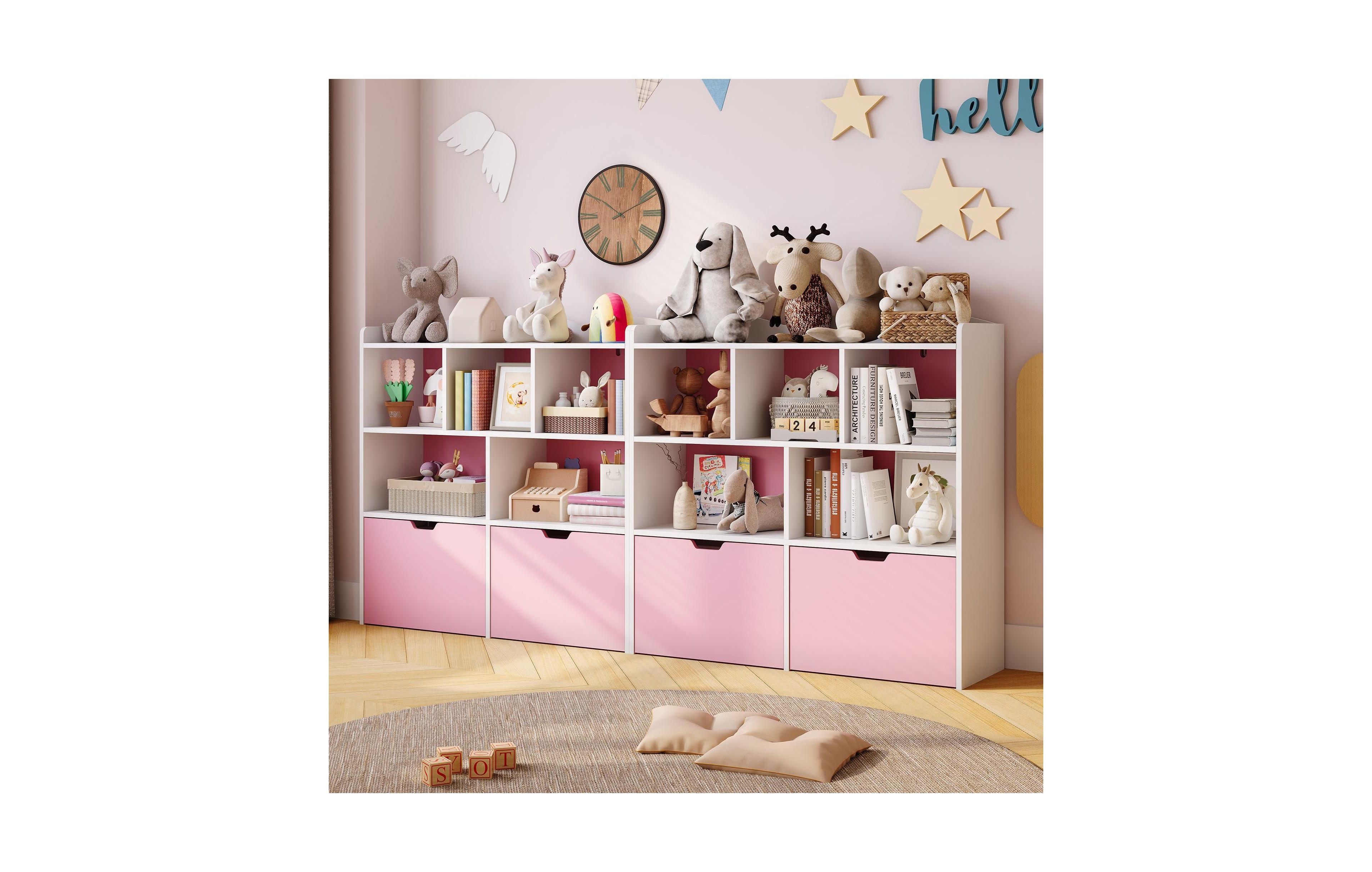 2 Set of Toy Storage Organizer with Movable Drawers, Kids Bookshelf with Hidden Wheels and 5 Open Cubbies, Floor Storage Chest for Playroom, Nursery
