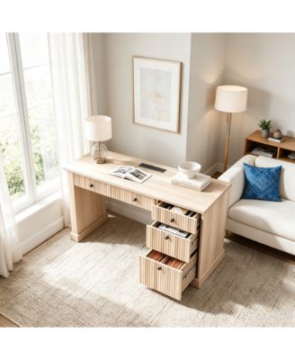 54" Fluted Home Office Desk with File Drawer, Charging Station, Modern Executive Computer Writing Desk for Study Room, Wood Color