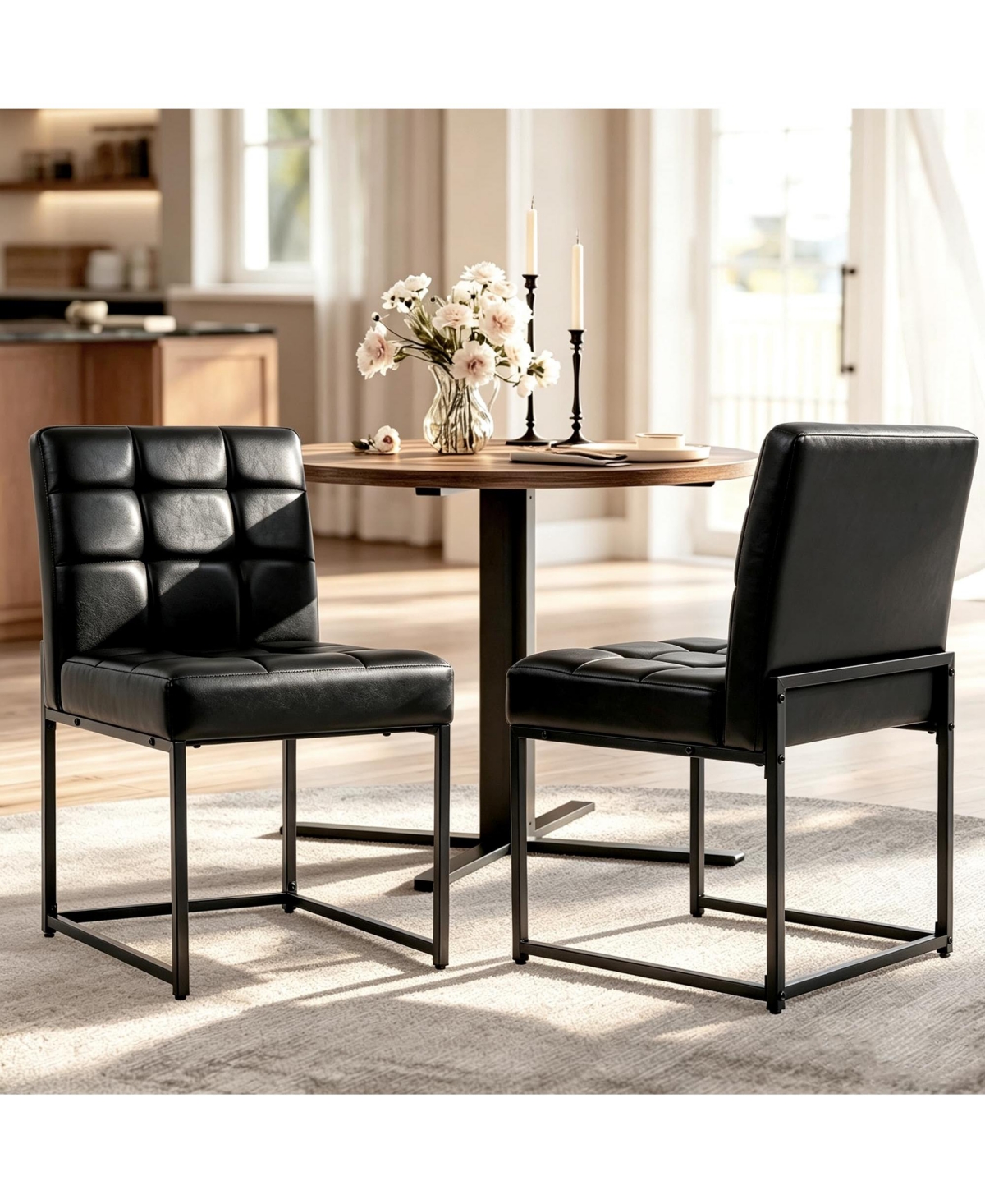 Dining Chairs Set of 2, Mid-Century Modern Armless Kitchen Chair with Upholstered Pu Leather Seat, Metal Frame, 300 Lbs Capacity for Dining Room Cafe