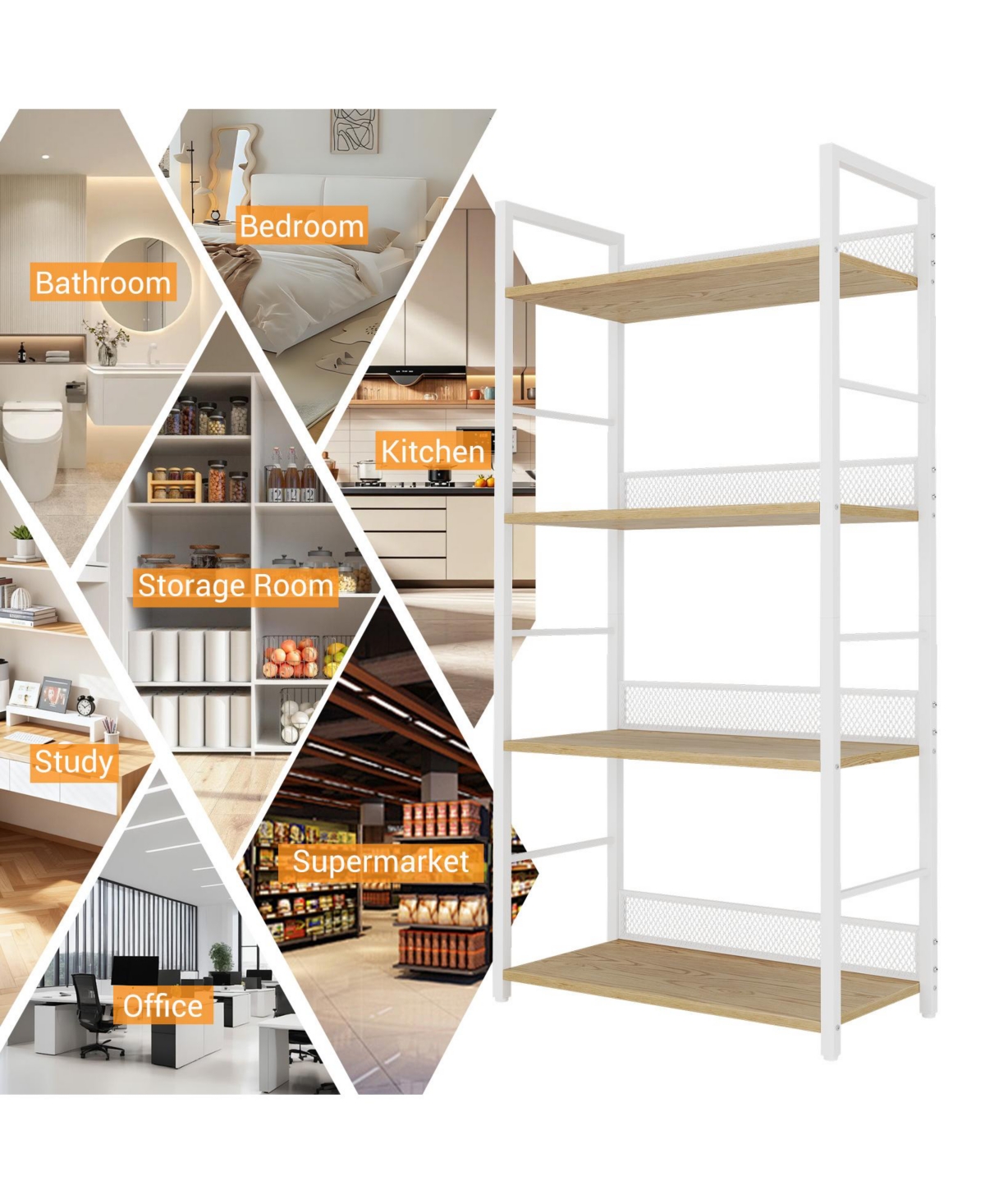 4-Tier Industrial Bookshelf, Metal and Wood Freestanding Open Display Rack with Anti-Fall Mesh Guard, Anti-Tip Kit for Home Office Bedroom Living Room
