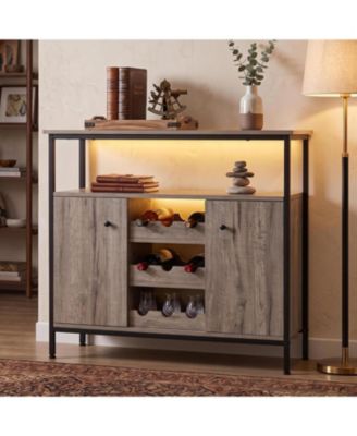 Farmhouse Sideboard Buffet Cabinet with Wine Rack and Adjustable Shelves, Kitchen Storage,Grey