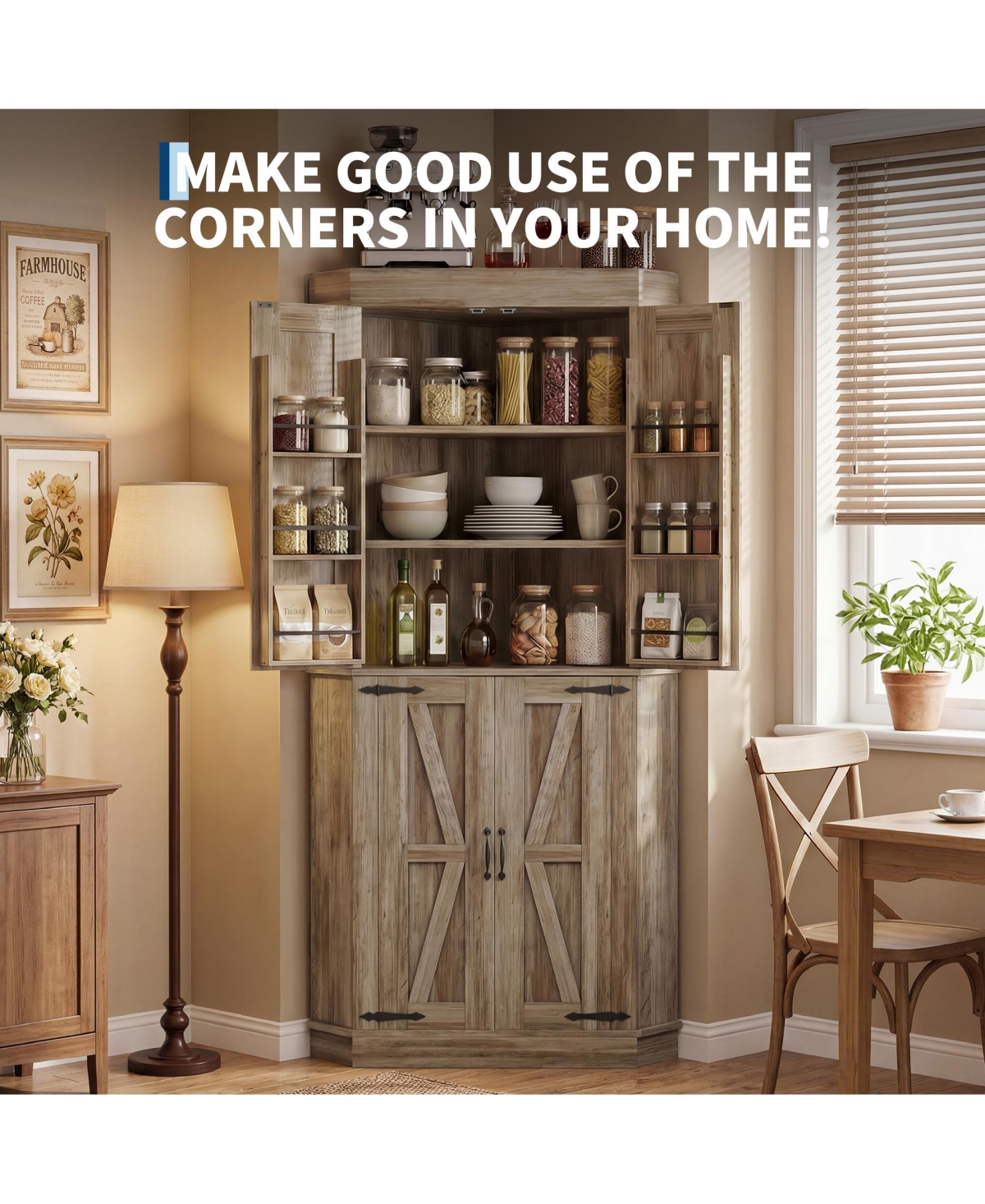 24 x 24 x 71 in Corner Kitchen Cabinet with 5 Shelves and Spice Racks, Engineered Wood Pantry Storage for Dining Room Living Room, Gray