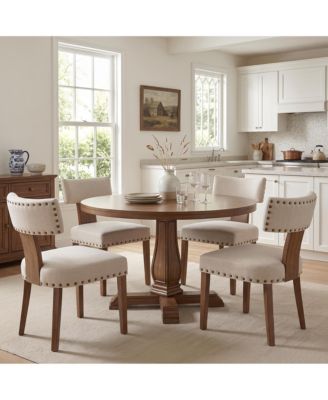 4 Set of Mid-Century Upholstered Dining Chairs, Linen Covered Chairs with Nailhead Trim, Curved Backrest and Wooden Legs for Kitchen, Dining Room