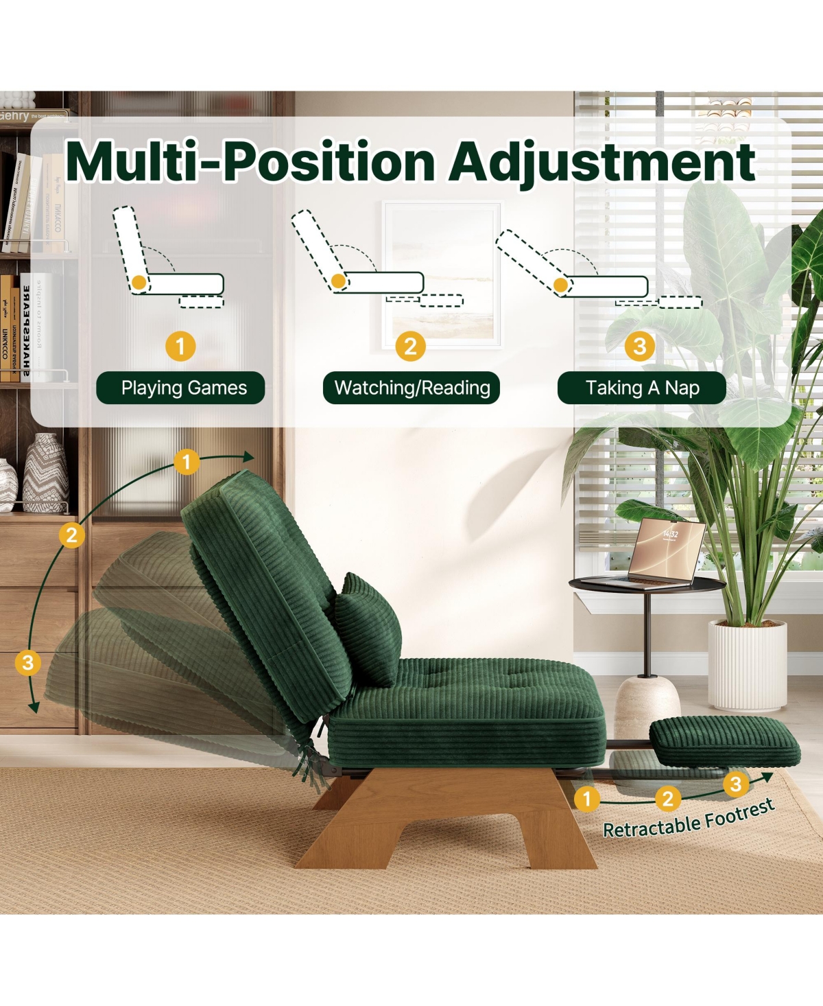 Accent Chair, Corduroy Upholstered Armchair for Living Room | Adjustable Backrest with Pull-Out Footrest, Rubberwood Frame for Bedroom