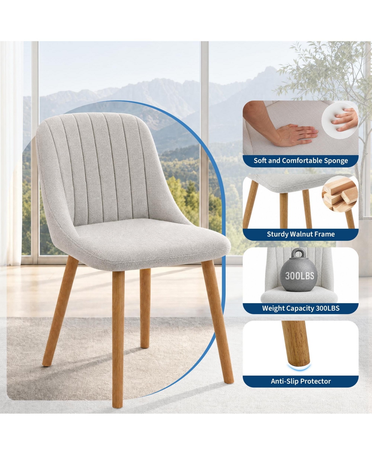Set of 2 Upholstered Dining Chairs, Fabric Covered Seats with Ergonomic Curved Backrest, Wood Legs, Easy-Clean Surface, 300 lbs Load Capacity
