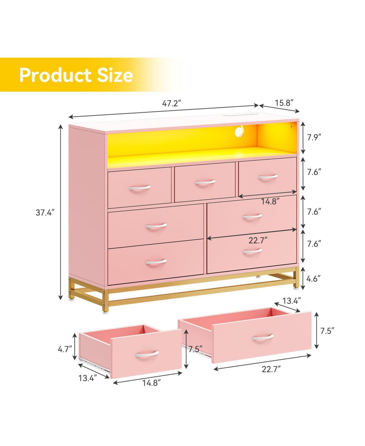 47 x 16 x 41 in 7 Drawer Dresser with Led Lights and Outlets, Engineered Wood Chest of Drawers with Compartments for Bedroom, Pink