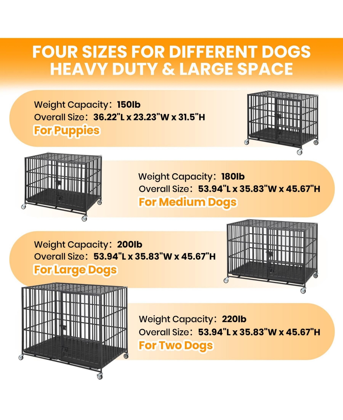 Large Heavy Duty Dog Crate, Large Metal Wire Kennel with Double Doors for Medium Large Dogs, Foldable with Removable Tray