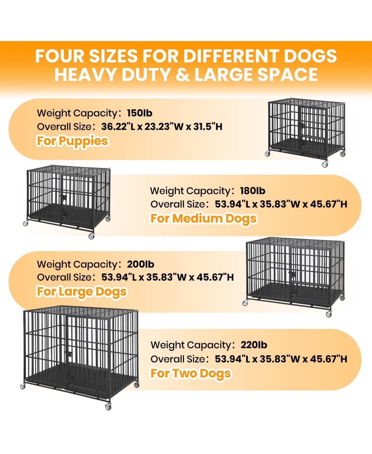 Large Heavy Duty Dog Crate, Large Metal Wire Kennel with Double Doors for Medium Large Dogs, Foldable with Removable Tray