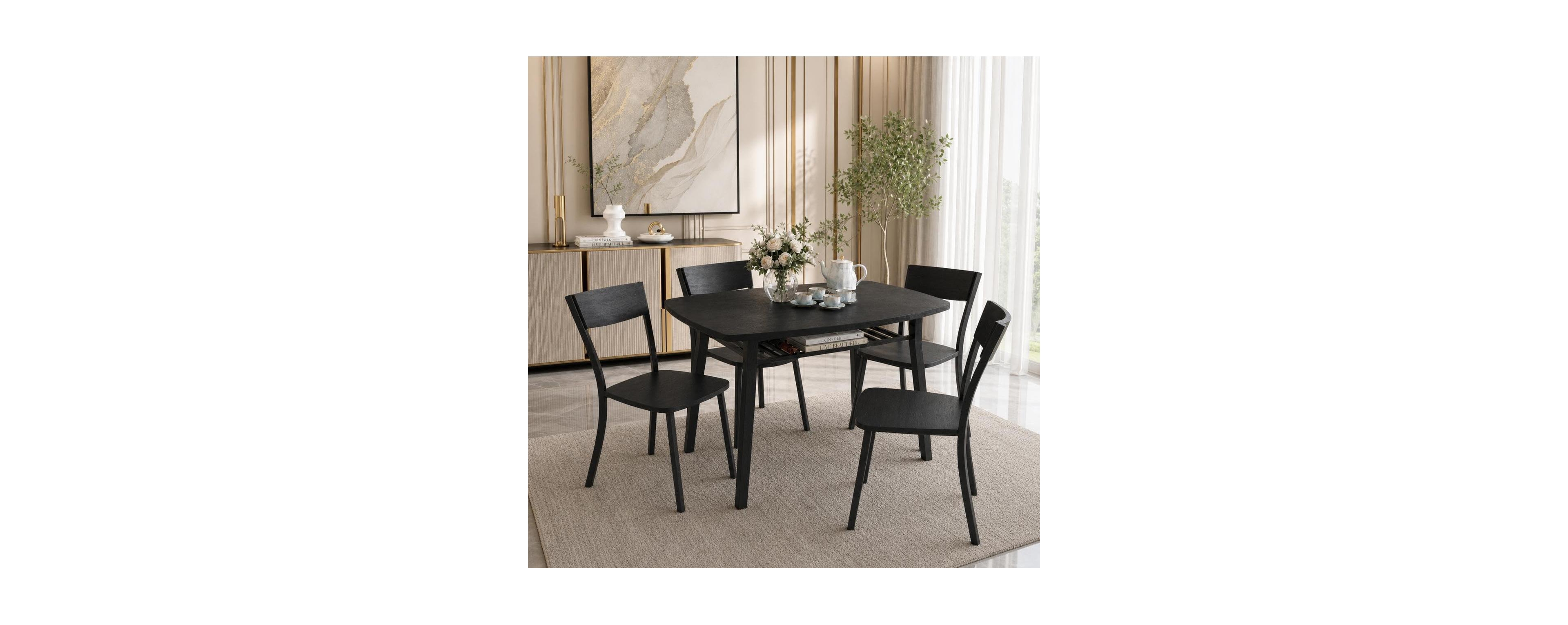 5-Piece Dining Table Set for 4, Space-Saving Kitchen Table and Ergonomic Curved Chairs with Under Table Storage Rack, Safe Rounded Corners, Black
