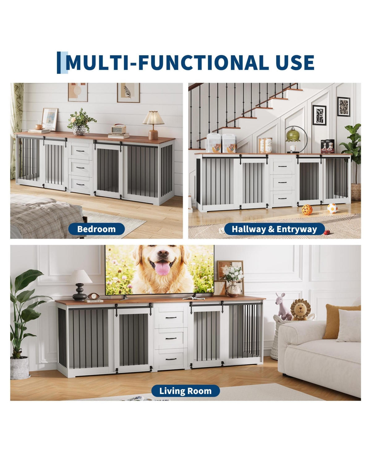 95" Large Dog Crate Furniture for 2 Dogs, Farmhouse Wooden Dog Kennel with 3 Storage Drawers, Duty Furniture Style Tv Stand with Sliding Barn Doors