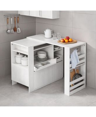 Extendable Rotating Kitchen Island Dining Table, Multi-Functional MDF Counter with Drawers, Cabinet, Storage Rack for Kitchen Dining Room Home Office