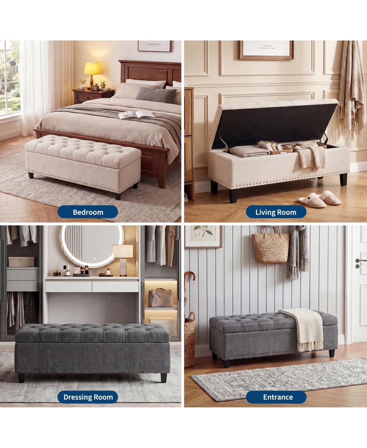 Button Tufted Bedroom Bench, 51 in. 30 Gal. Capacity Storage Chest, Upholstered Ottoman Foot Stool for Bedroom Entryway Living Room