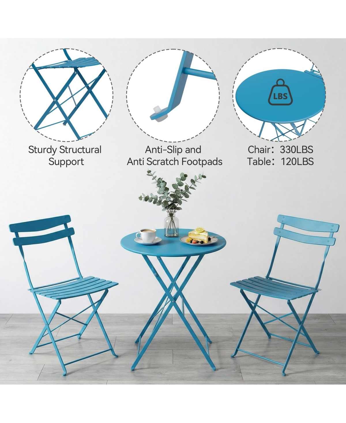 36" x 23" 3-Piece Outdoor Bistro Set with Table and 2 Chairs, Foldable Iron Patio Furniture for Balcony Garden Porch, Blue/Yellow