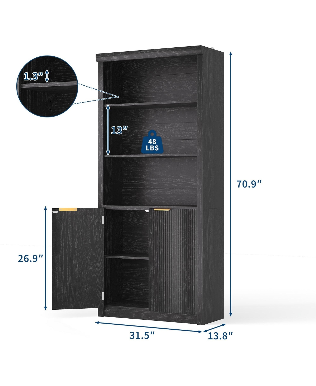 31.5 x 14 x 71 in Pack of 2 Storage Cabinet with Doors and Shelves, Engineered Wood Bookcase with Crown Molding for Living Room, Black