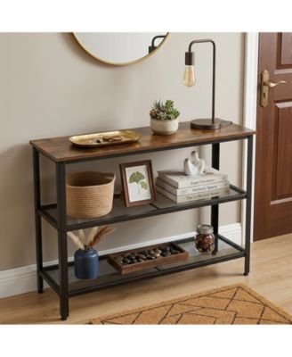 40" Industrial 3-Tier Console Table with Mesh Shelves, Rustic Brown and Black Metal Frame